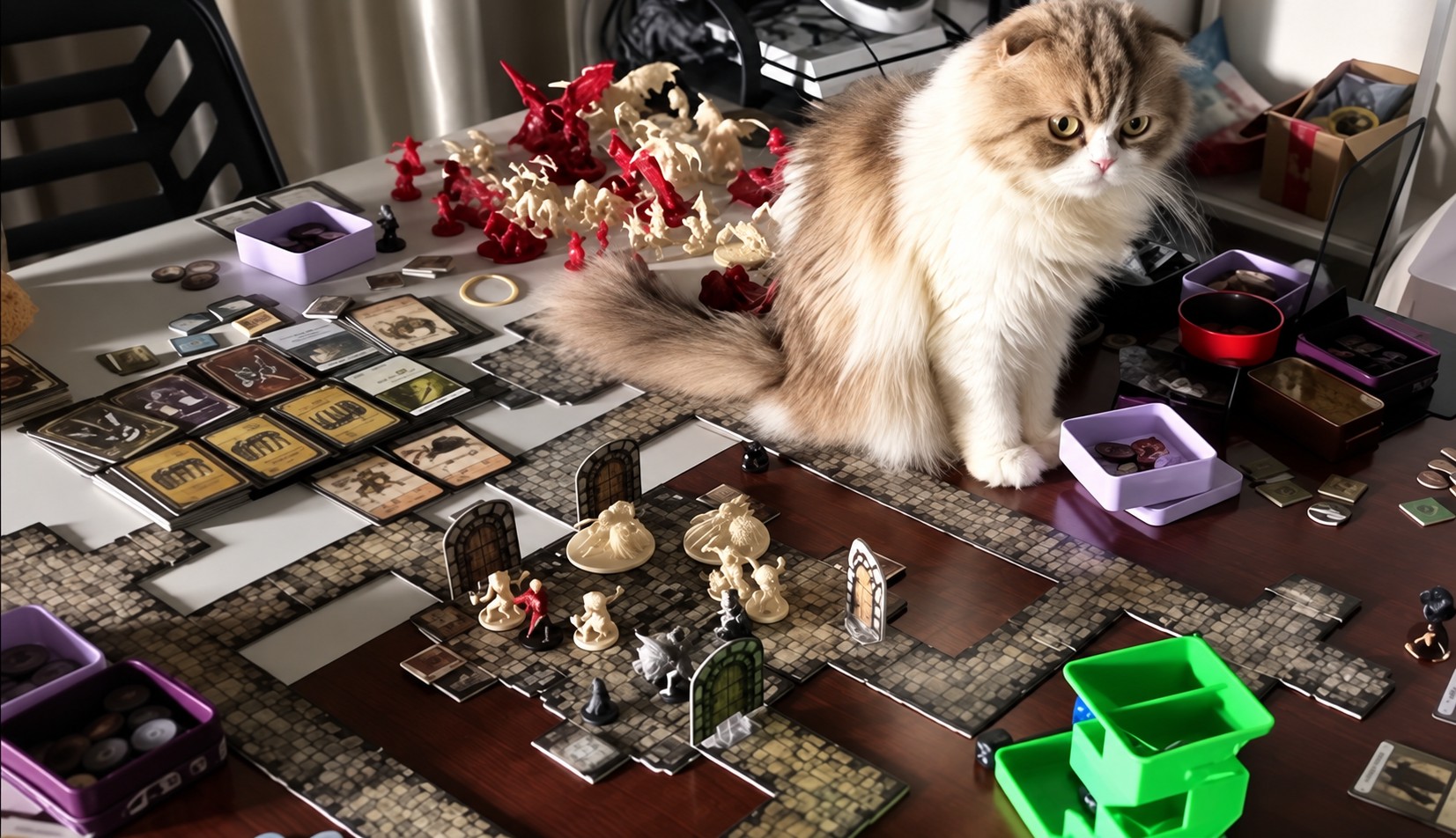 A fluffy brown and white cat sitting among dungeon board-game tiles and miniatures